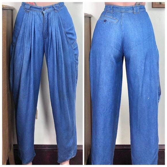 Vintage Pleated Baggy Jeans, High Waisted Tapered Leg Denim Trousers Sz S - Picture 6 of 10